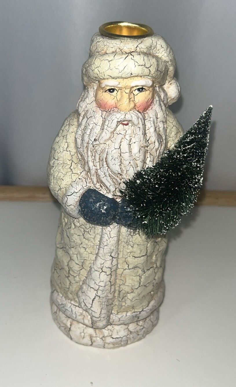 Santa Claus Sparkle Glitter With Tree Candle Holder 8” Tall Unbranded